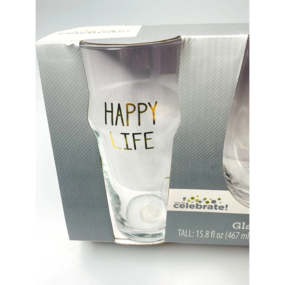 Way to Celebrate Glass Set, Happy Life Happy Wife, Beer and Wine Glass Set